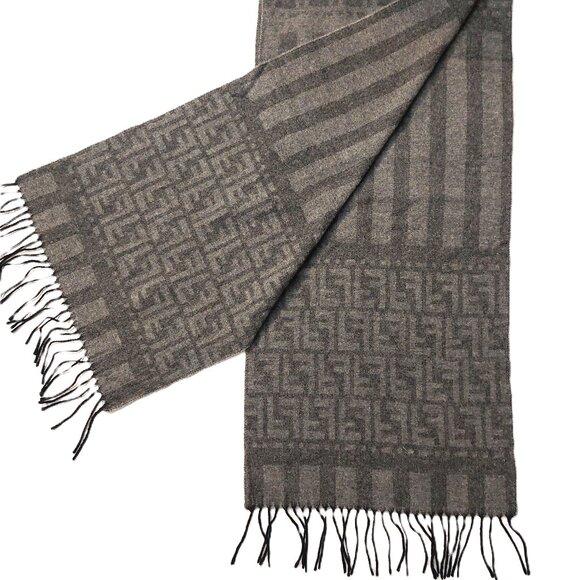 Vintage FENDI Dark Gray & Light Gray Monogram & Stripe Wool Scarf Fringes - Picture 2 of 7